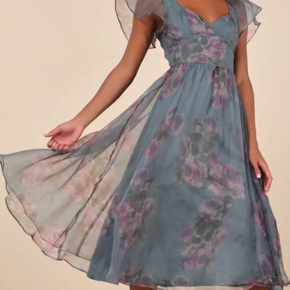 Lulus Mesmerizing Mood Slate Floral Organza Ruffled A-line Midi Dress Grey - Picture 2 of 5